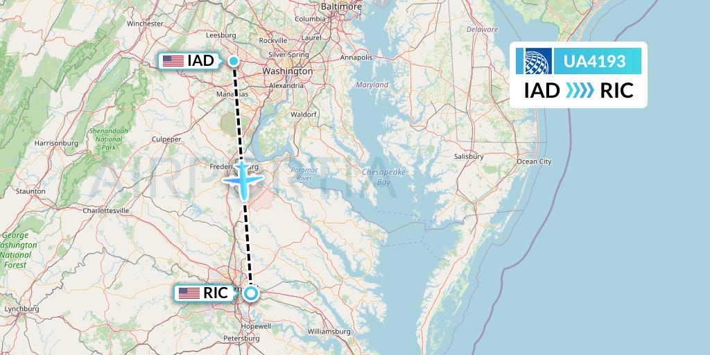 UA4193 United Airlines Flight Map: Washington to Richmond