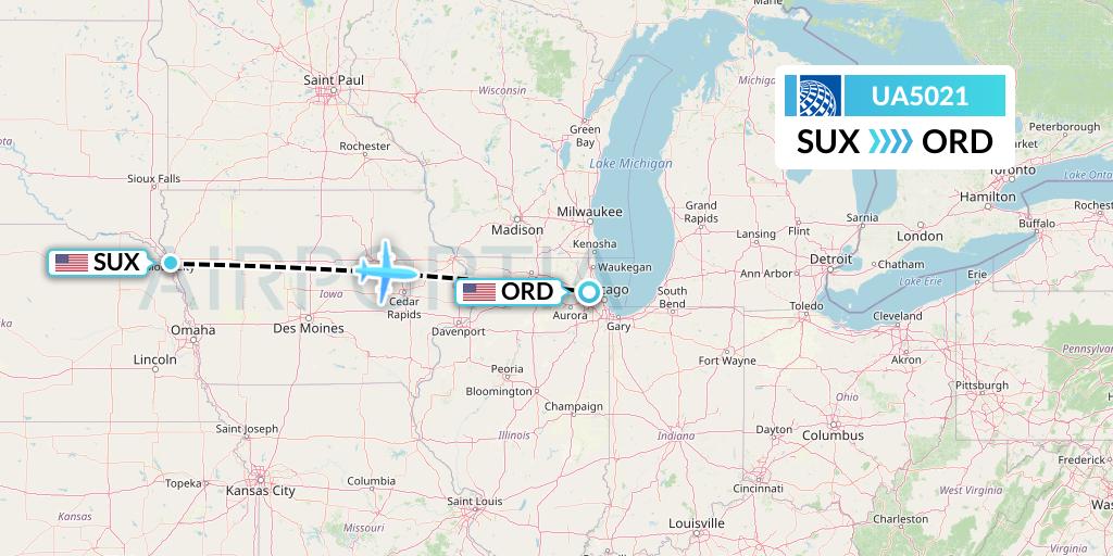 UA5021 United Airlines Flight Map: Sioux City to Chicago