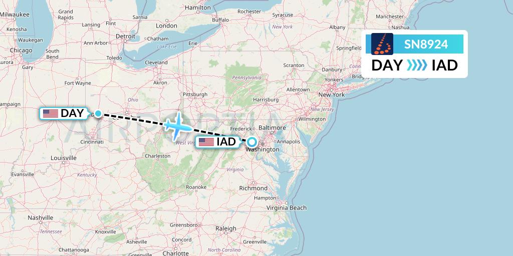 SN8924 Brussels Airlines Flight Map: Dayton to Washington