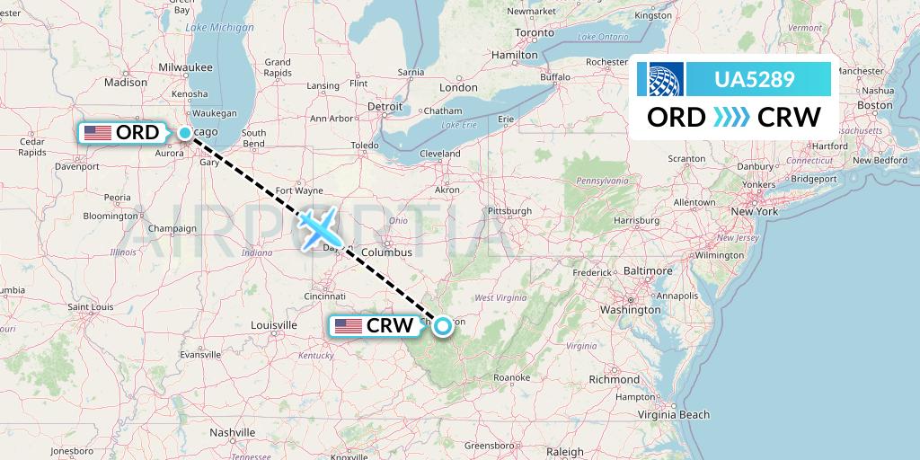 UA5289 United Airlines Flight Map: Chicago to Charleston