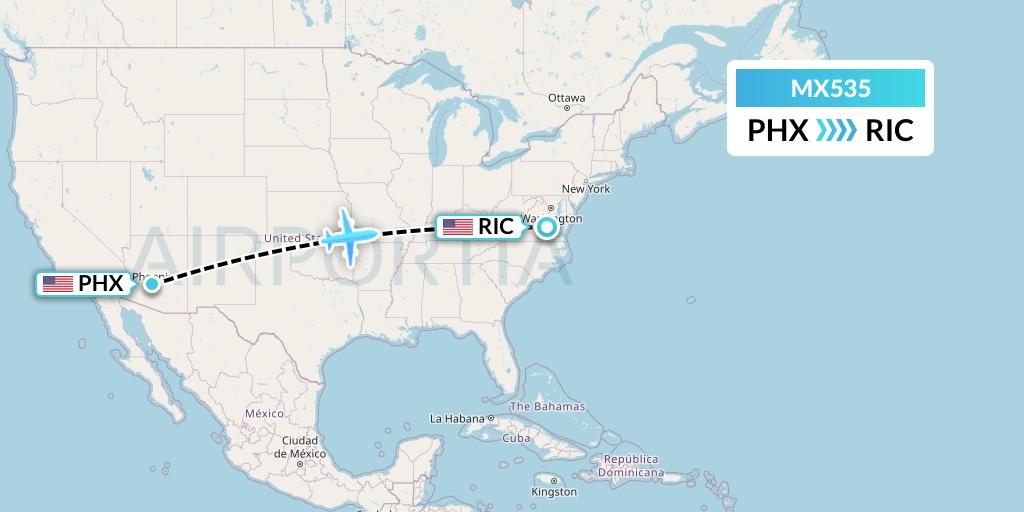 MX535 Breeze Airways Flight Map: Phoenix to Richmond