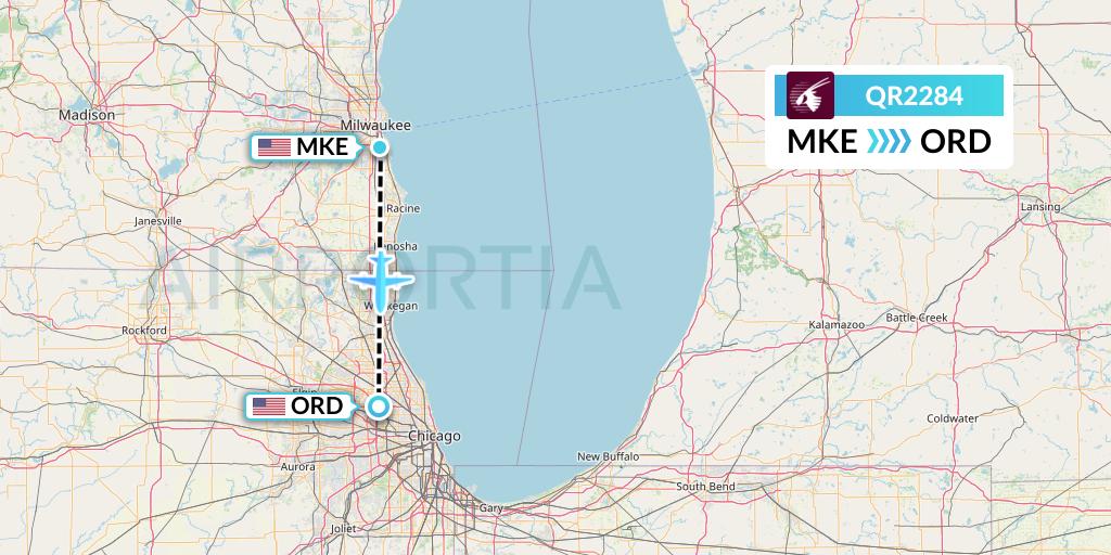 QR2284 Qatar Airways Flight Map: Milwaukee to Chicago