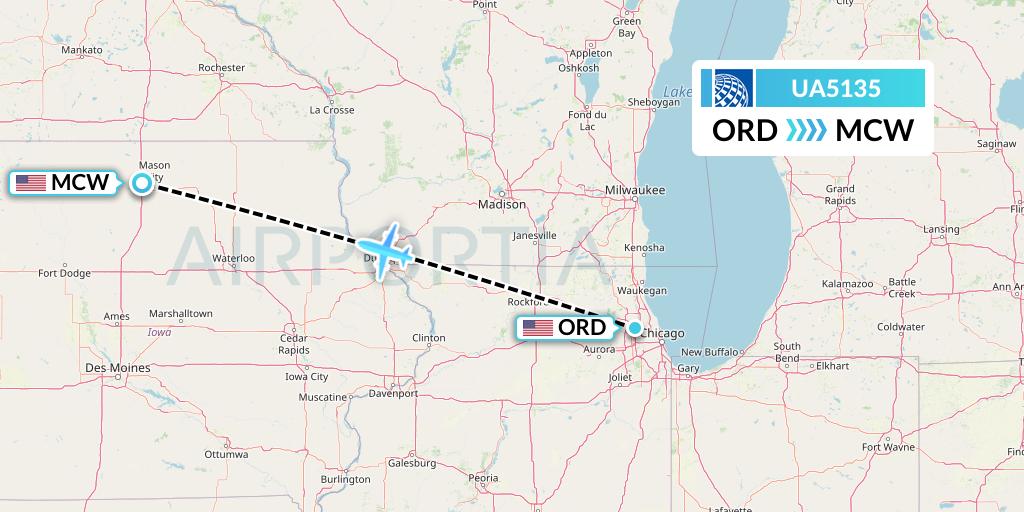 UA5135 United Airlines Flight Map: Chicago to Mason City