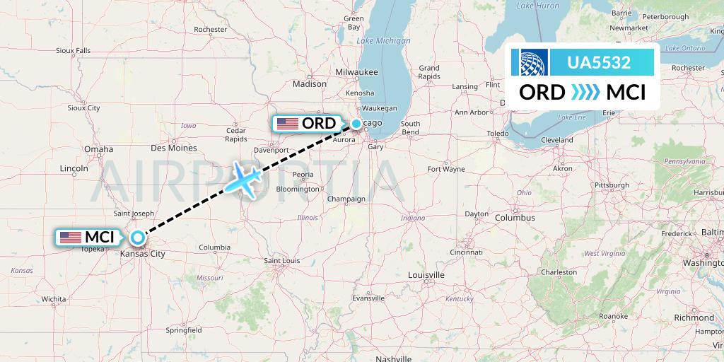 UA5532 United Airlines Flight Map: Chicago to Kansas City