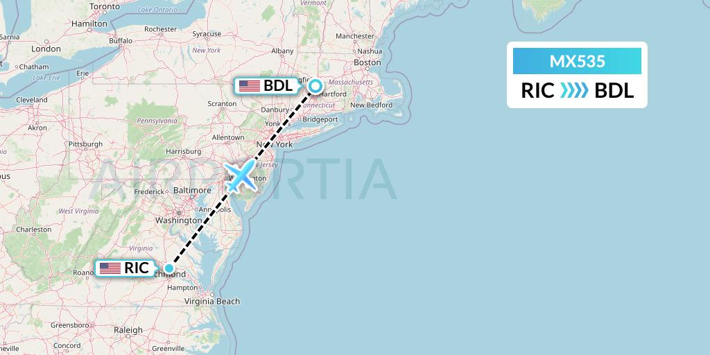 MX535 Breeze Airways Flight Map: Richmond to Windsor Locks