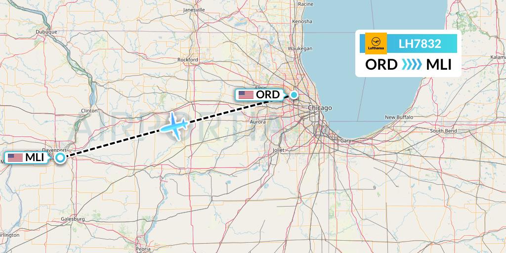 LH7832 Lufthansa Flight Map: Chicago to Moline
