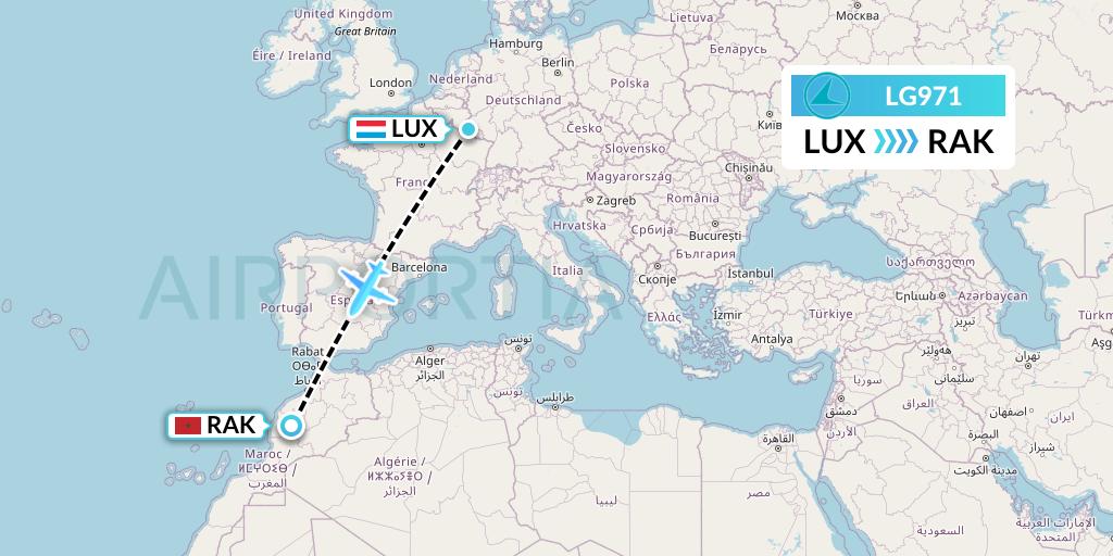 LG971 Luxair Flight Map: Luxembourg to Marrakesh 