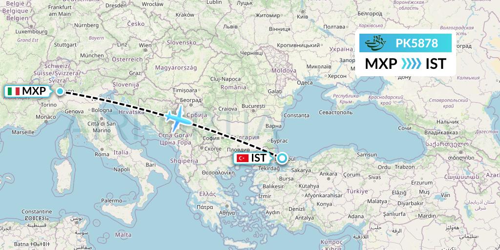 PK5878 Pakistan International Airlines Flight Map: Milan to Istanbul