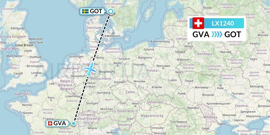 LX1240 Swiss Flight Map: Geneva to Gothenburg
