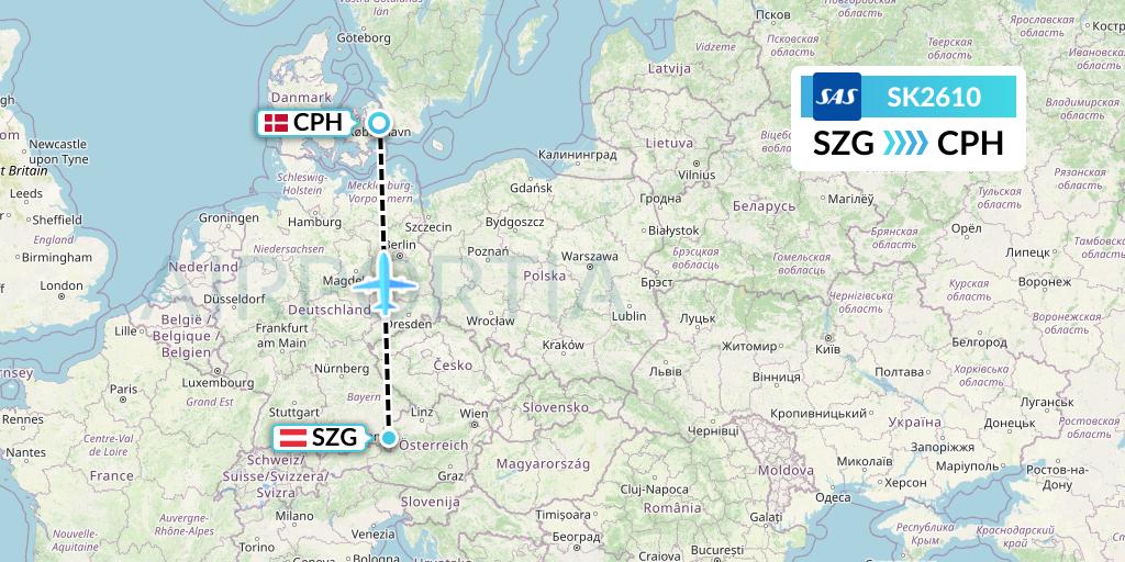 SK2610 SAS Flight Map: Salzburg to Copenhagen