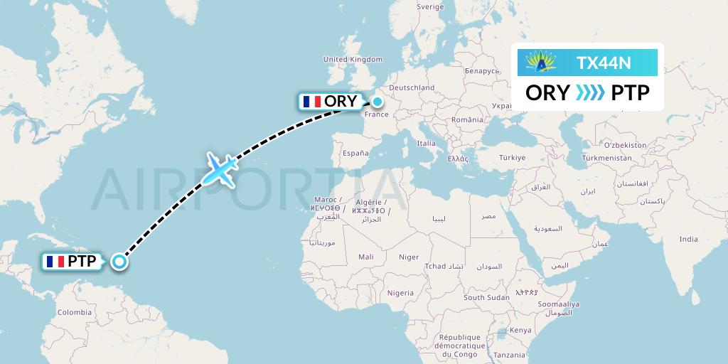 TX44N Air Caraibes Flight Map: Paris to Pointe-a-Pitre