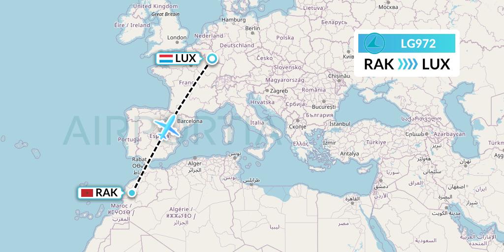 LG972 Luxair Flight Map: Marrakesh to Luxembourg