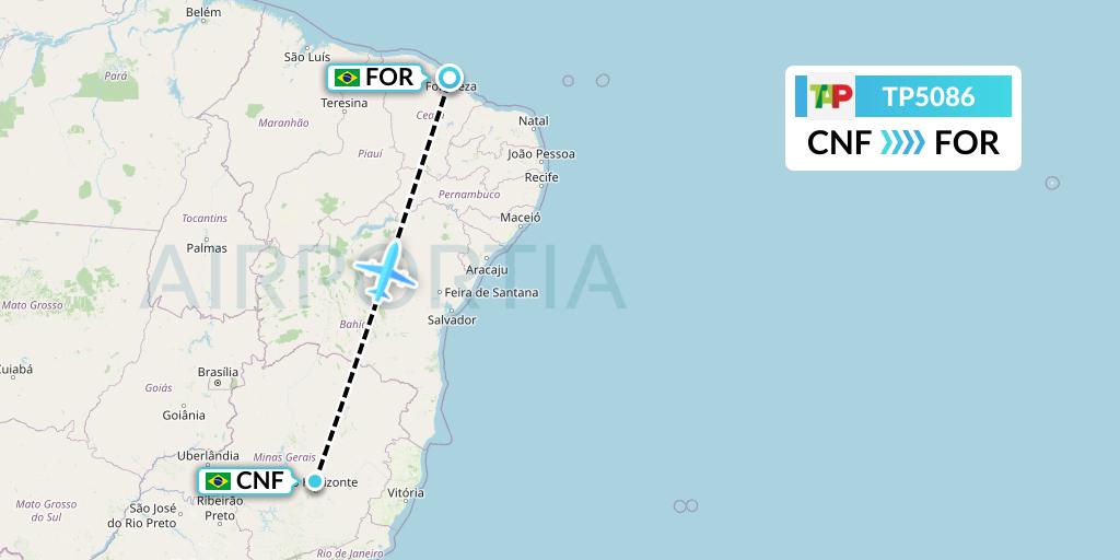 TP5086 TAP Portugal Flight Map: Belo Horizonte to Fortaleza