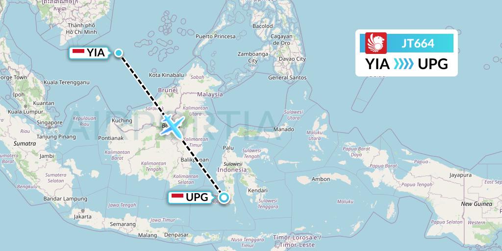 JT664 Lion Airlines Flight Map: Yogyakarta to Makassar