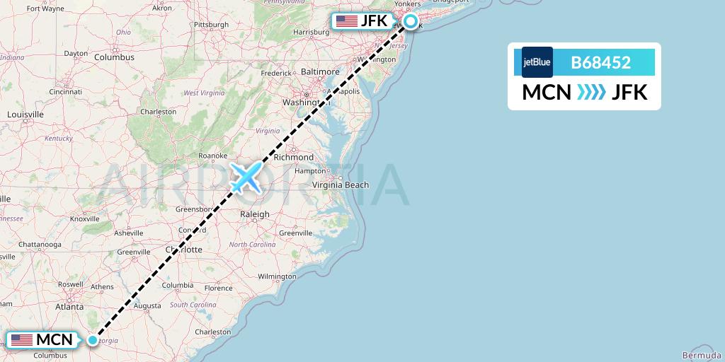 B68452 JetBlue Airways Flight Map: Macon to New York