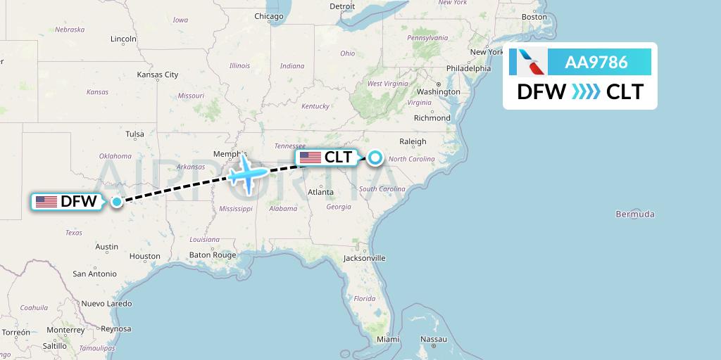 AA9786 American Airlines Flight Map: Dallas to Charlotte