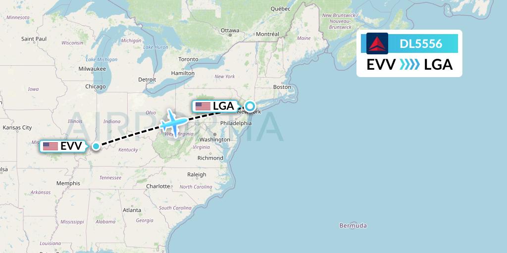 DL5556 Delta Air Lines Flight Map: Evansville to New York