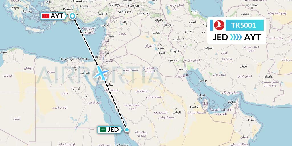 TK5001 Turkish Airlines Flight Map: Jeddah to Antalya