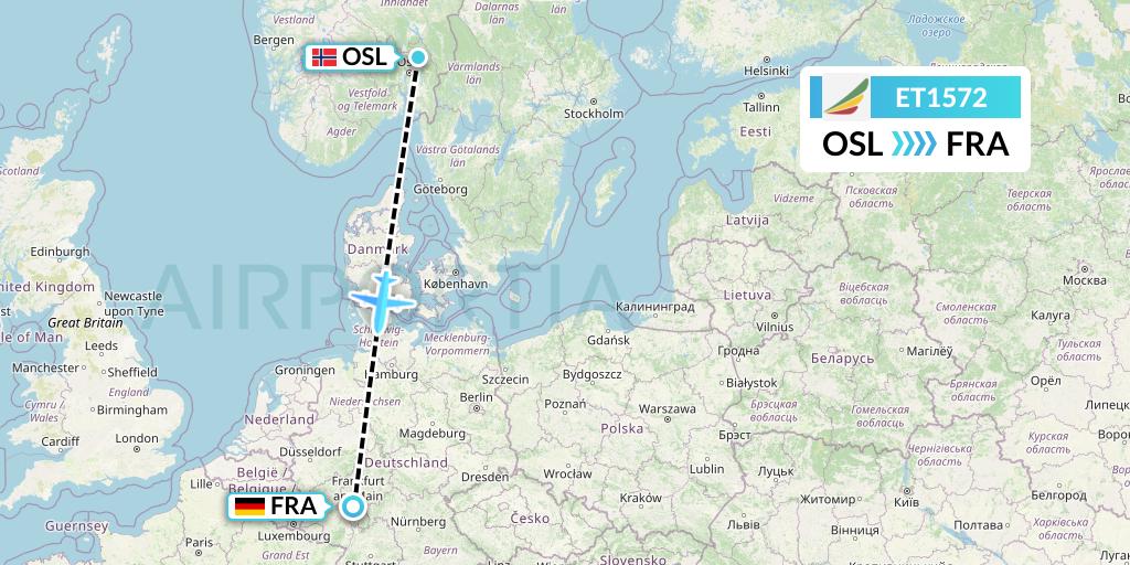 ET1572 Ethiopian Airlines Flight Map: Oslo to Frankfurt