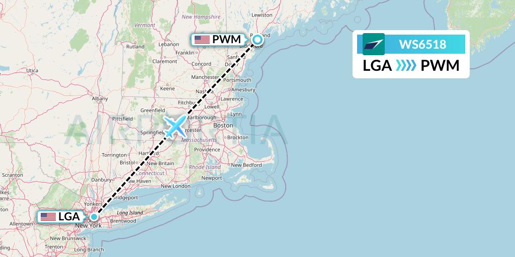 WS6518 WestJet Flight Map: New York to Portland