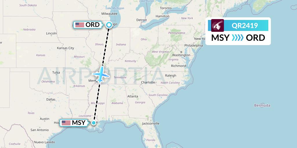 QR2419 Qatar Airways Flight Map: New Orleans to Chicago