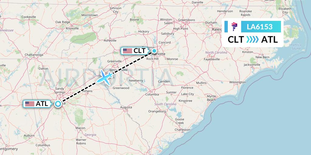 LA6153 LAN Airlines Flight Map: Charlotte to Atlanta
