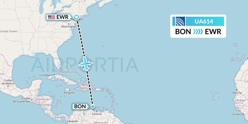 UA614 United Airlines Flight Map: Bonaire to New York