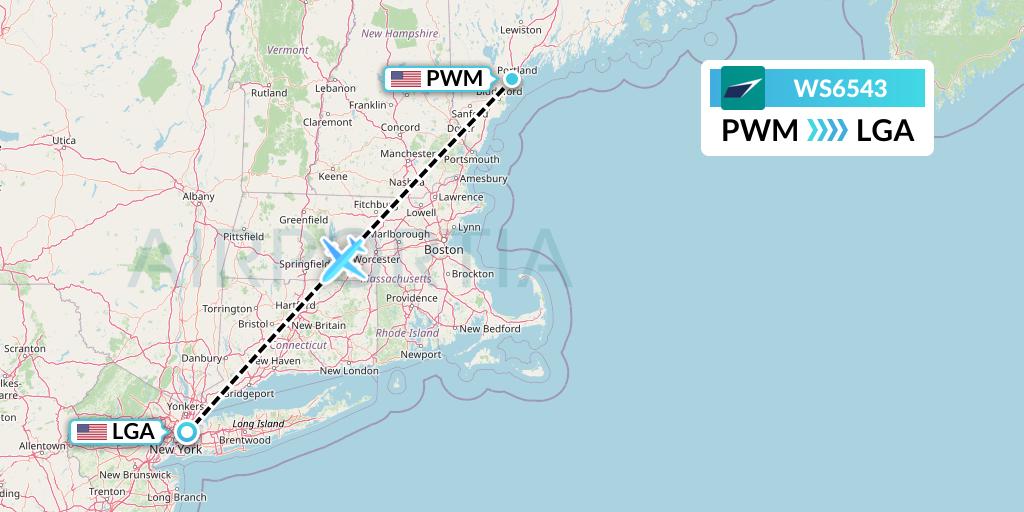 WS6543 WestJet Flight Map: Portland to New York