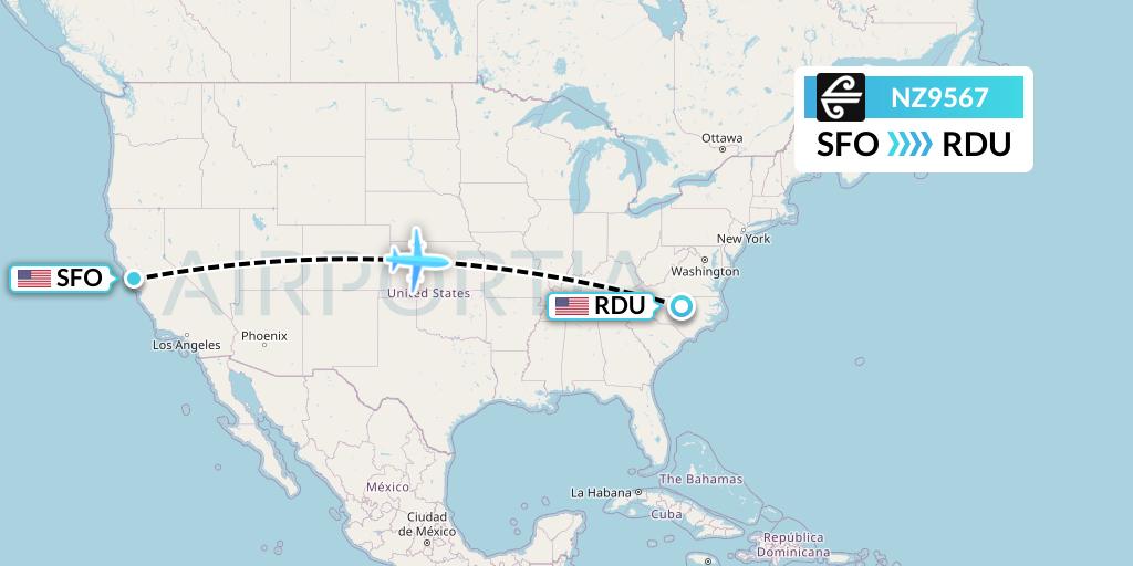 NZ9567 Air New Zealand Flight Map: San Francisco to Raleigh-Durham