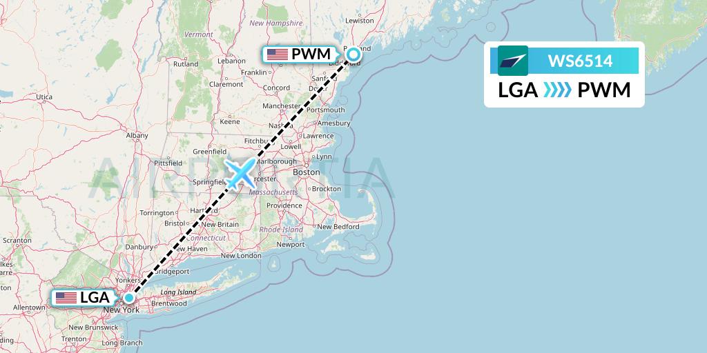 WS6514 WestJet Flight Map: New York to Portland