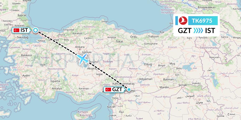 TK6975 Turkish Airlines Flight Map: Gaziantep to Istanbul
