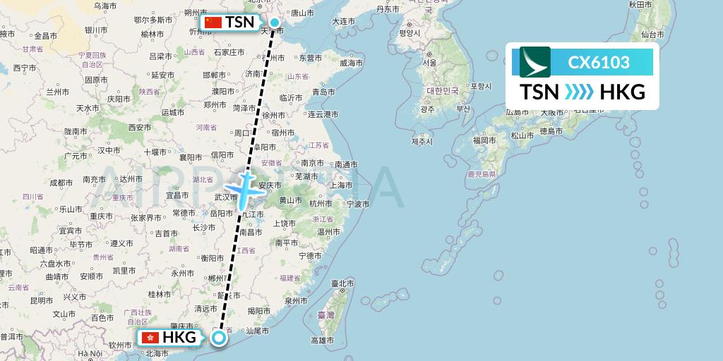 CX6103 Cathay Pacific Flight Map: Tianjin to Hong Kong