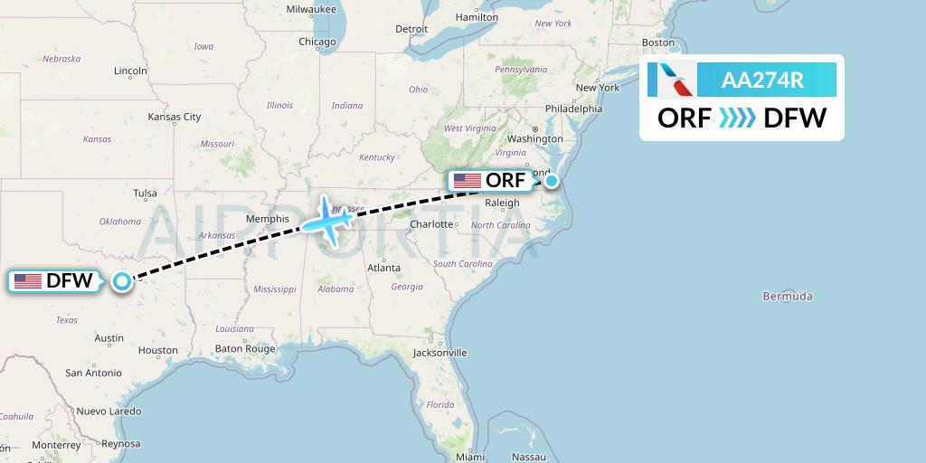 AA274R American Airlines Flight Map: Norfolk to Dallas