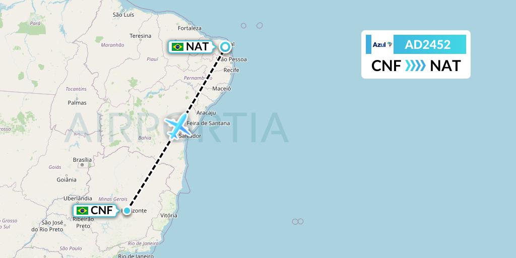 AD2452 Azul Brazilian Airlines Flight Map: Belo Horizonte to Natal