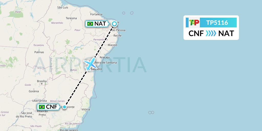 TP5116 TAP Portugal Flight Map: Belo Horizonte to Natal