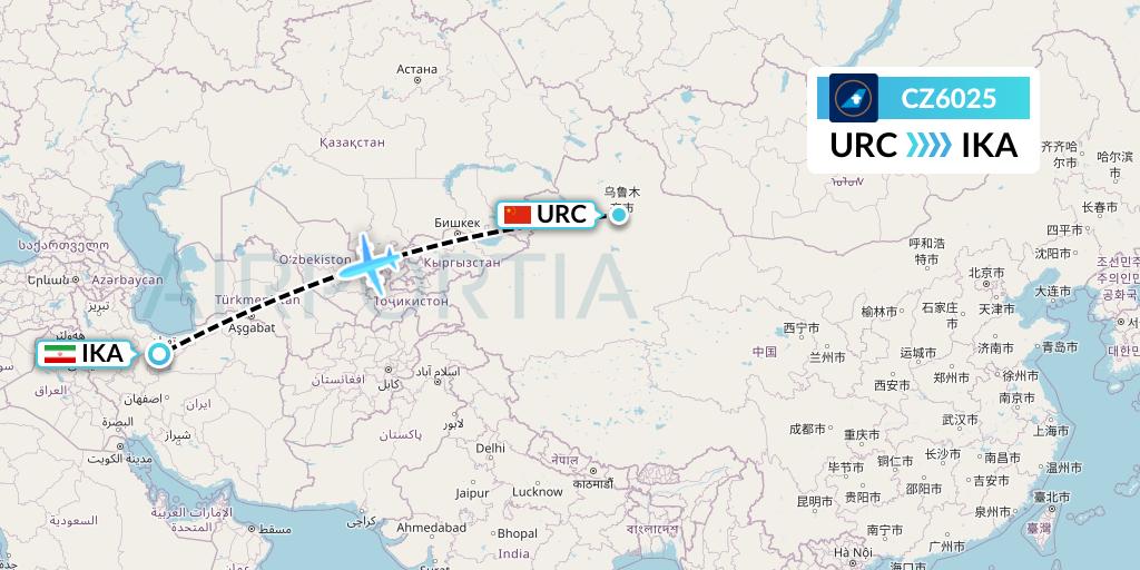 CZ6025 China Southern Airlines Flight Map: Urumqi to Tehran