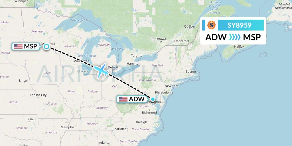 SY8959 Sun Country Airlines Flight Map: Camp Springs to Minneapolis