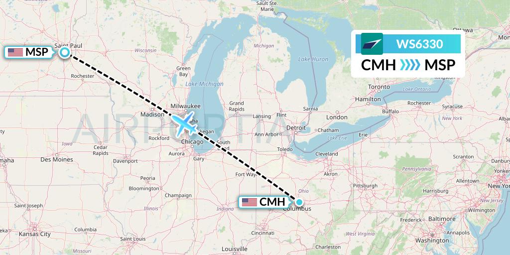 WS6330 WestJet Flight Map: Columbus to Minneapolis