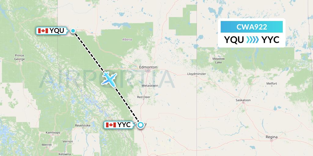 CWA922 Can West Corporate Air Charters Ltd. Flight Map: Grande Prairie to Calgary