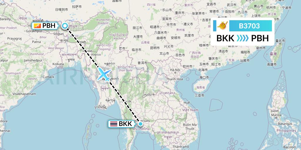 B3703 Bhutan Airlines Flight Map: Bangkok to Paro