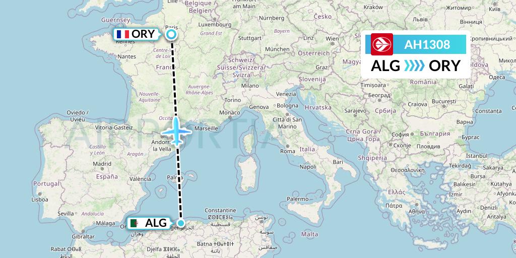 AH1308 Air Algerie Flight Map: Algiers to Paris