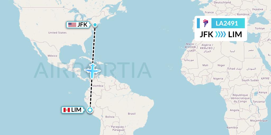 LA2491 LAN Airlines Flight Map: New York to Lima