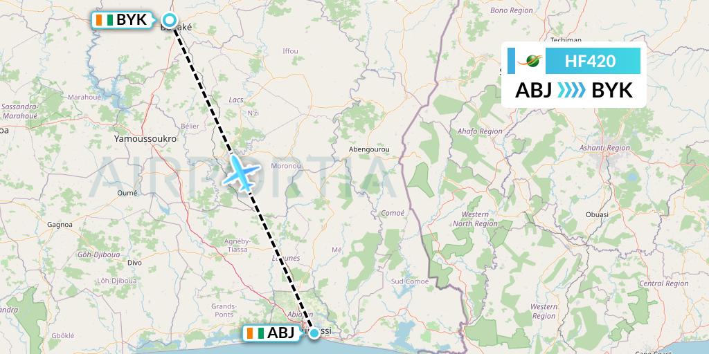 HF420 Air Cote d'Ivoire Flight Map: Abidjan to Ivory Coast