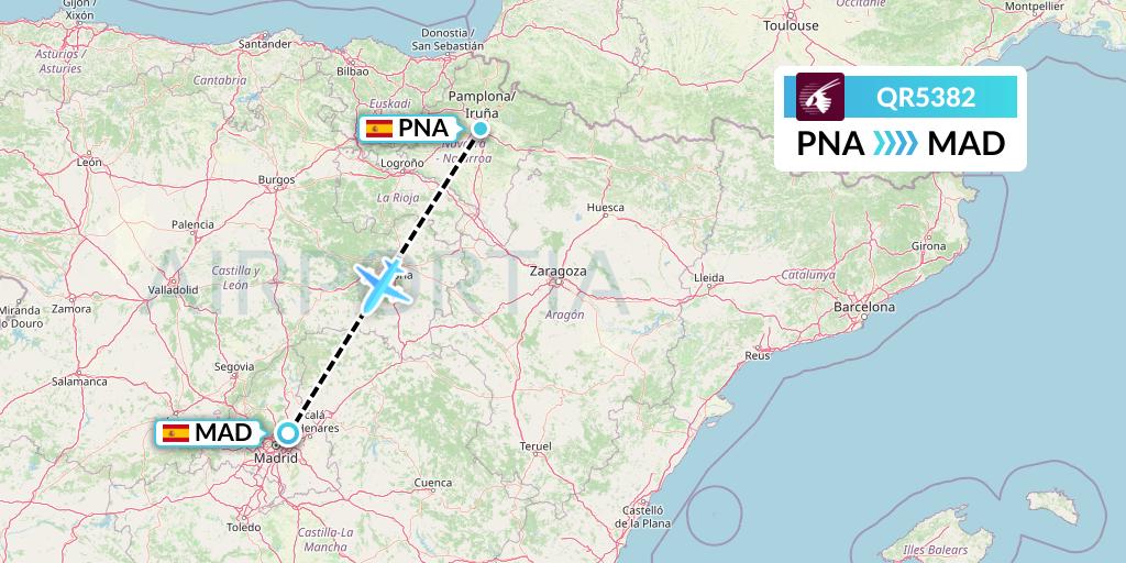 QR5382 Qatar Airways Flight Map: Pamplona to Madrid