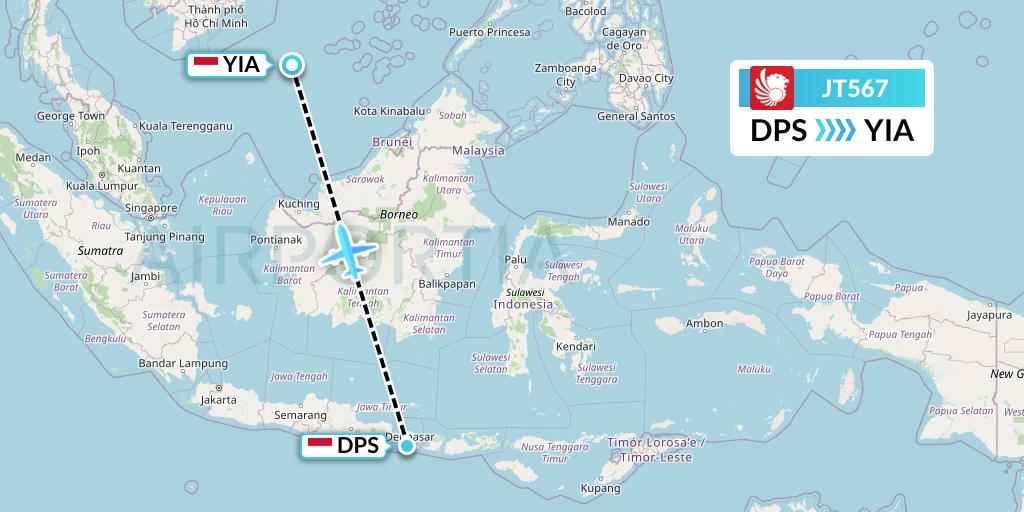 JT567 Lion Airlines Flight Map: Denpasar to Yogyakarta