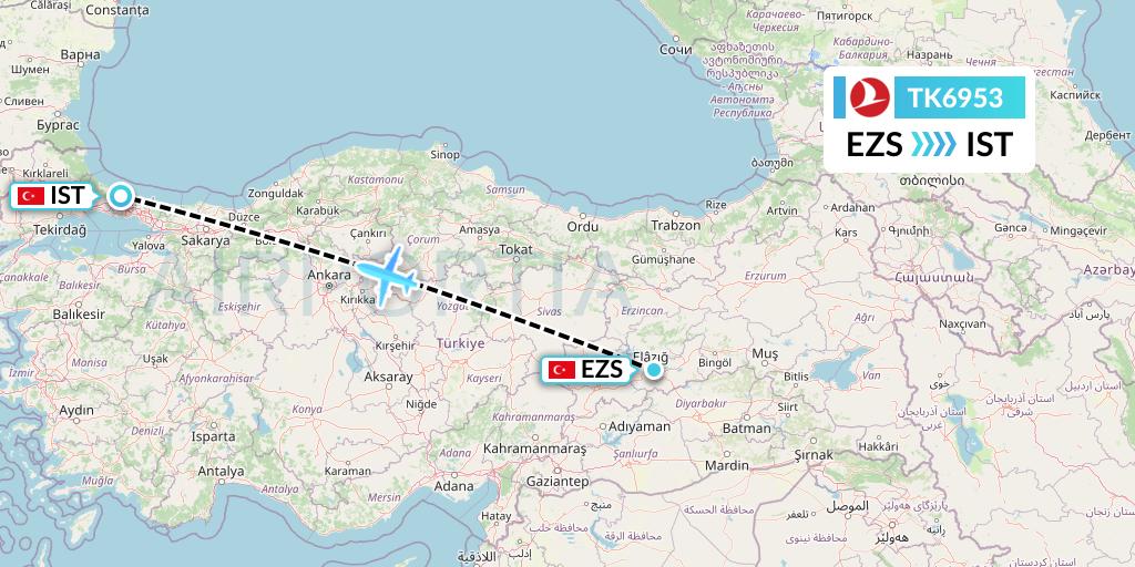 TK6953 Turkish Airlines Flight Map: Elazig to Istanbul