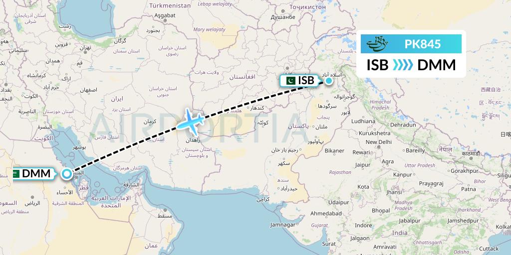PK845 Pakistan International Airlines Flight Map: Islamabad to Dammam