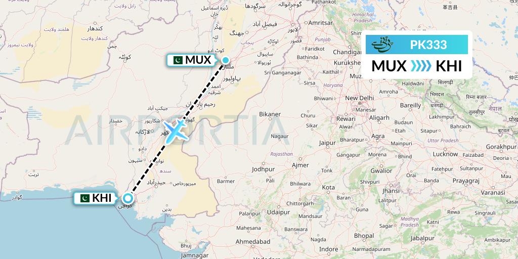 PK333 Pakistan International Airlines Flight Map: Multan to Karachi