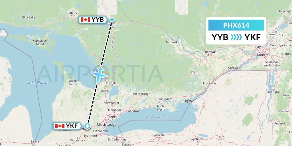 PHX614 SkyCare Flight Map: North Bay to Waterloo