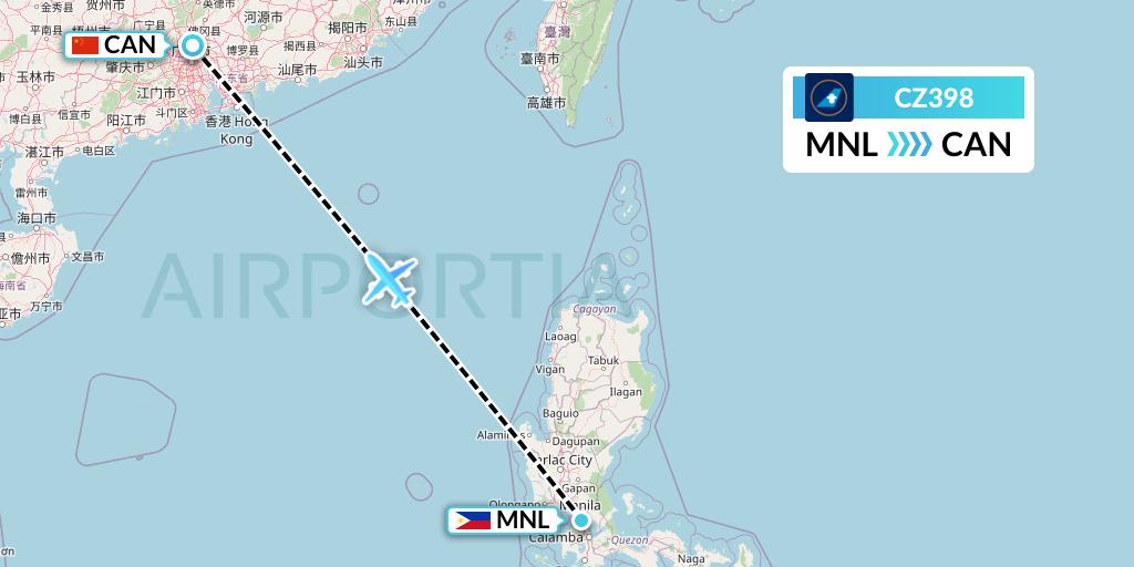 CZ398 China Southern Airlines Flight Map: Manila to Guangzhou